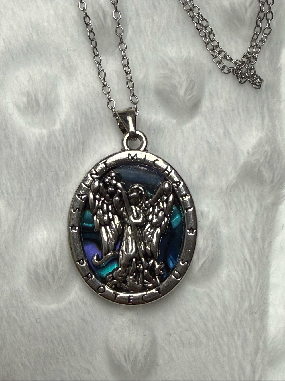 Saint Michael Angel Pendant Necklace with Teal-Blue Inlay